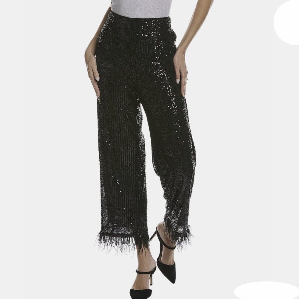 Women's $98 Nanette Lepore Sequin Mesh Pant Black NEW with Tags XL Feather Hem S